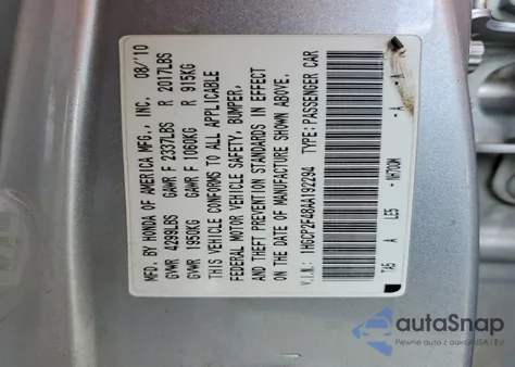 2010 Honda Accord Lxp z USA, uszkodzony, nr VIN 1HGCP2F48AA192294